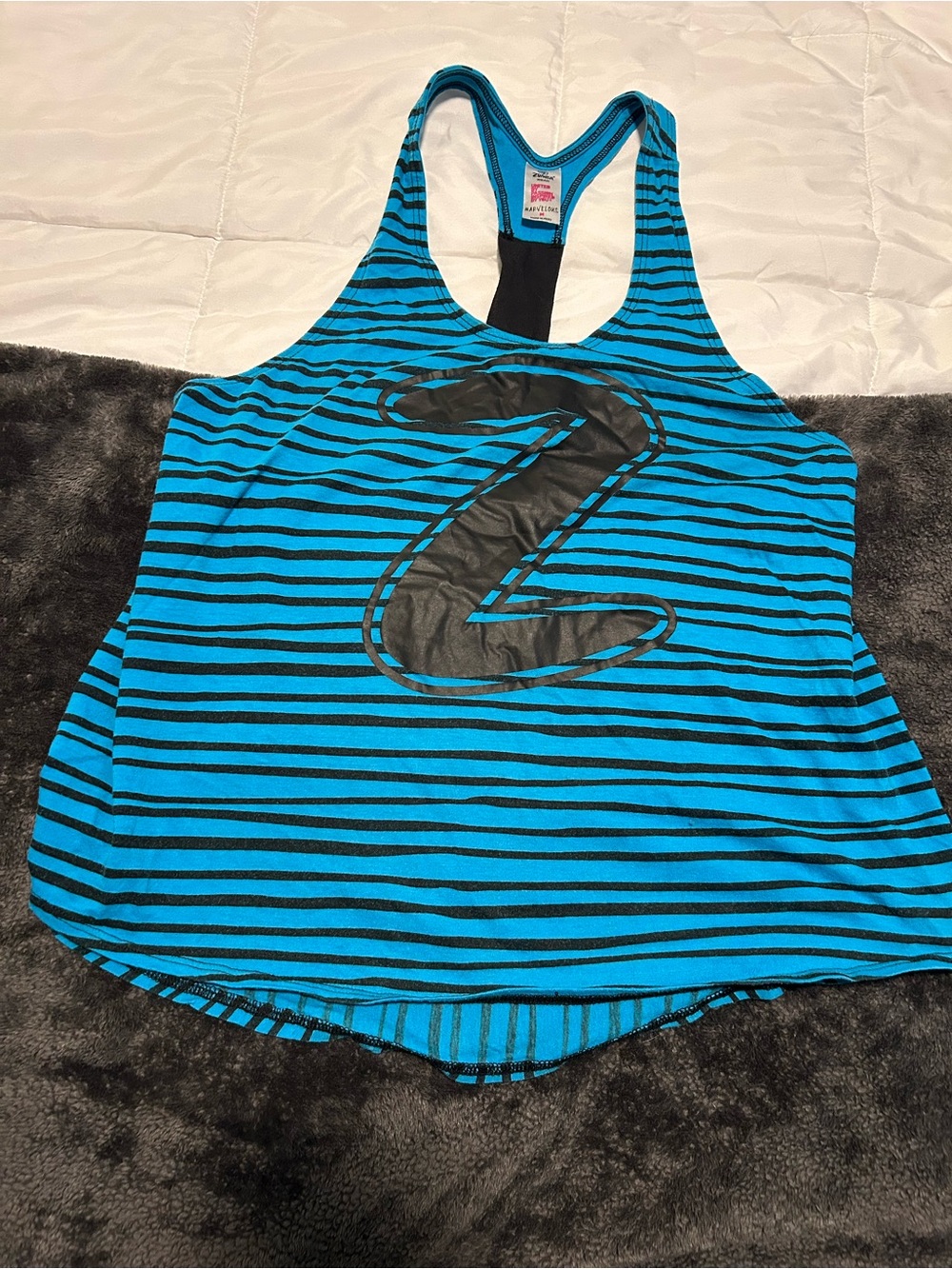 Zumba Fitness Blue and Black Striped Muscle Tee